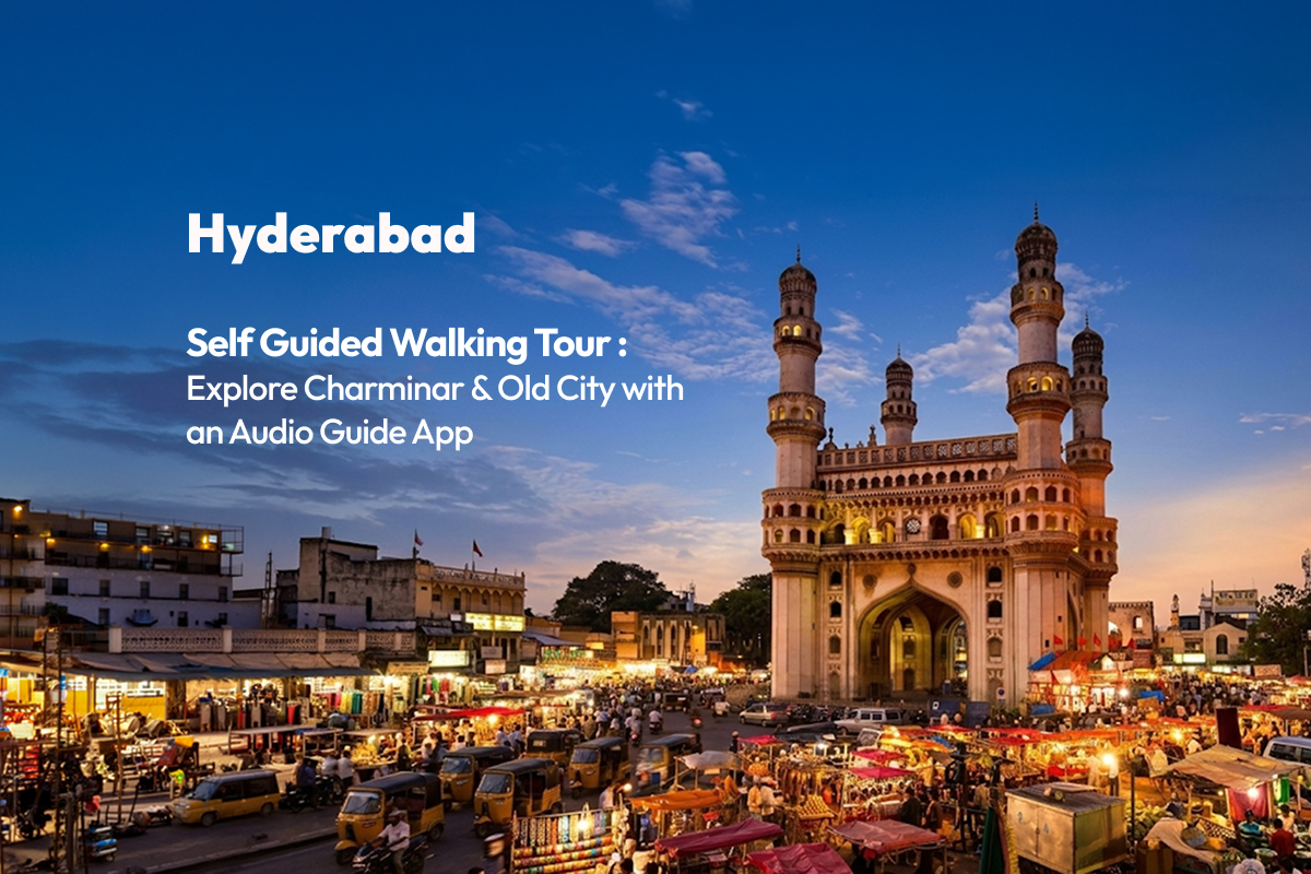 View of Charminar and surrounding Old City streets in Hyderabad with people walking through narrow bazaar lanes
