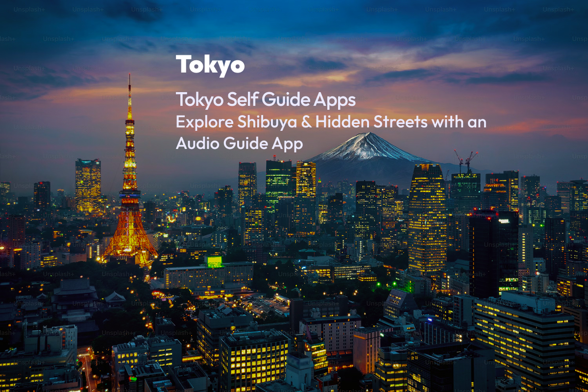A traveler exploring Shibuya streets in Tokyo with the Gamana audio guide app on a self guided walking tour