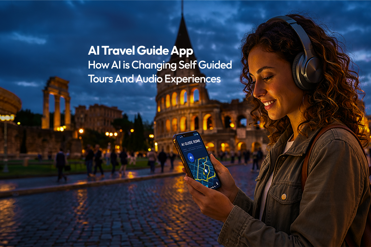 A traveler enjoying a self-guided tour with an AI travel guide app in a scenic setting