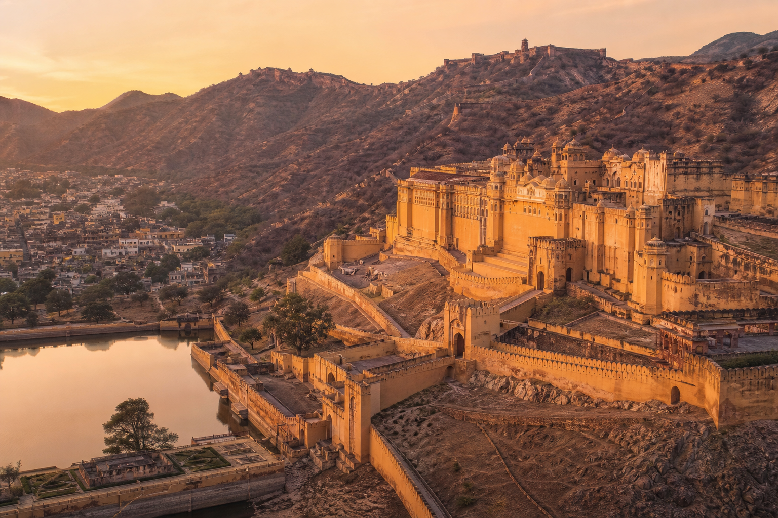 Amber Fort at golden hour — the Rajput fortress against arid Rajasthani hills with lake and town visible below