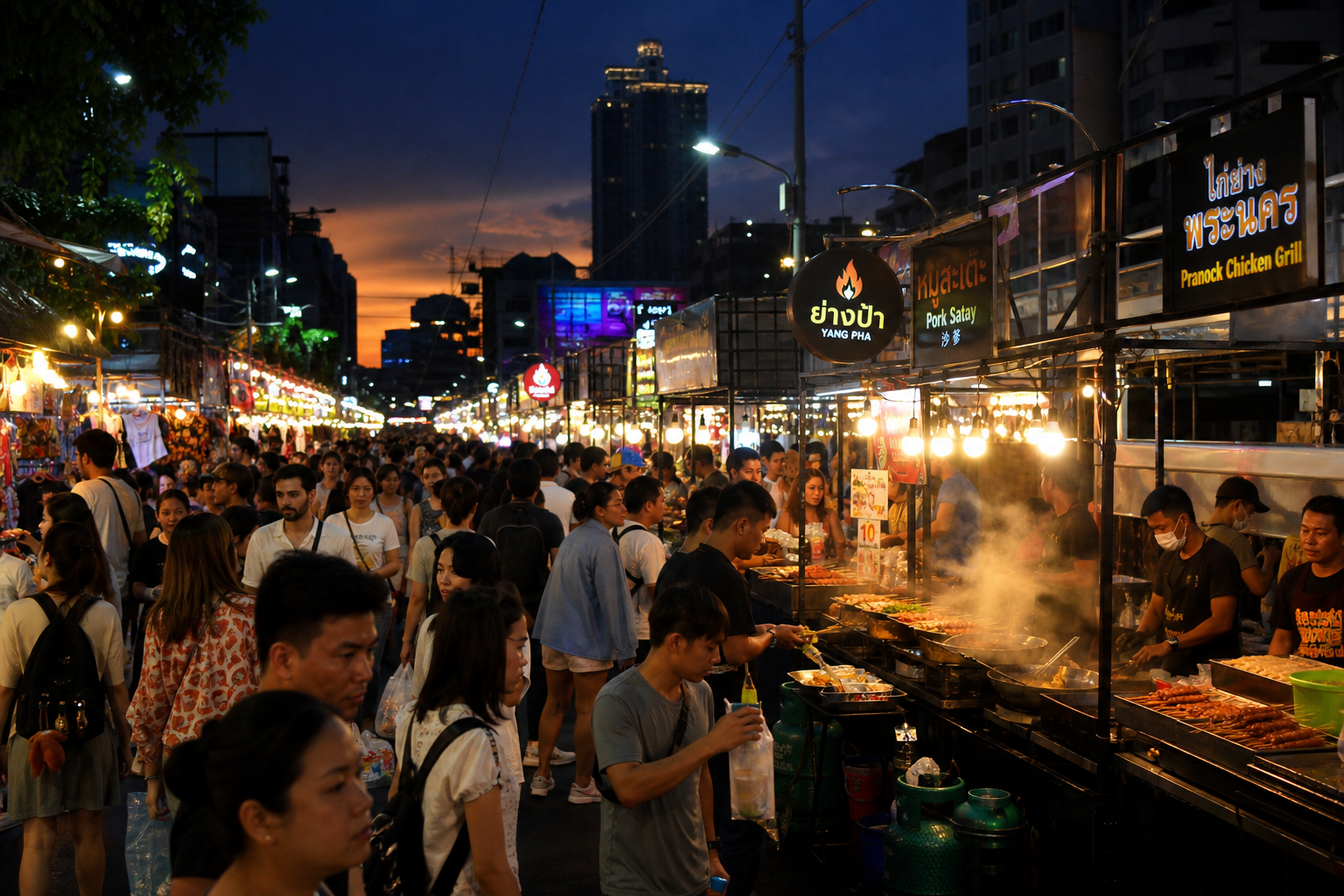 Wide-angle photograph of a busy Bangkok night market at dusk with rows of illuminated stalls, street food vendors, and crowds of locals and tourists browsing through the market