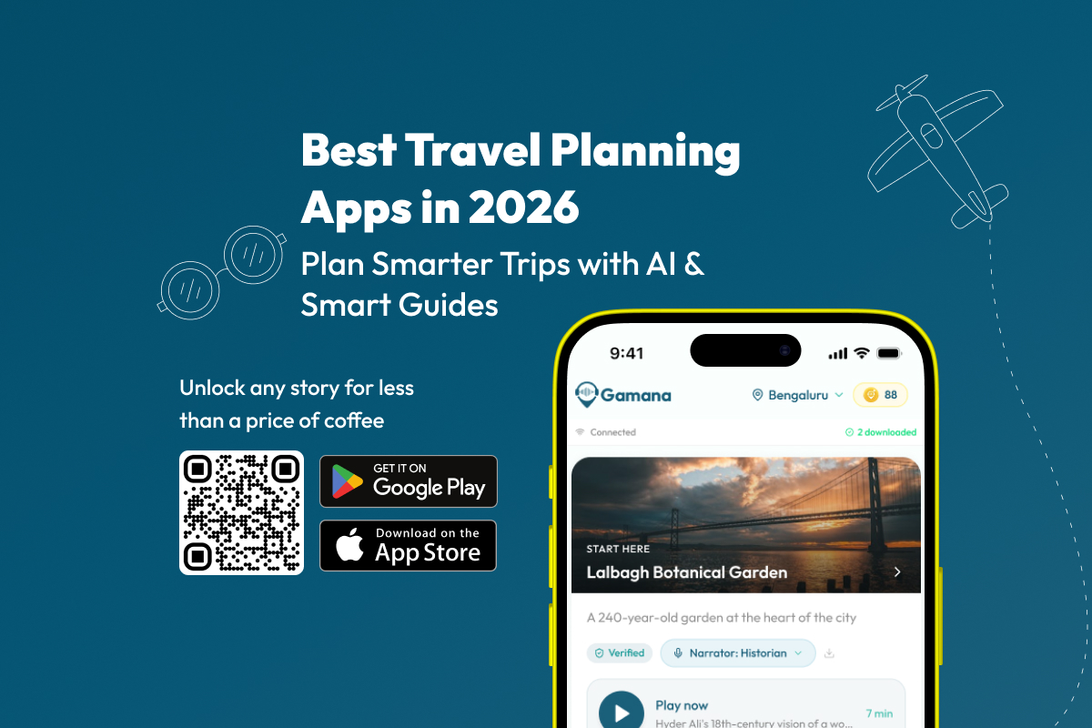 Best travel planning apps in 2026 showing a traveller planning a smarter trip with AI tools and smart audio guides on their phone