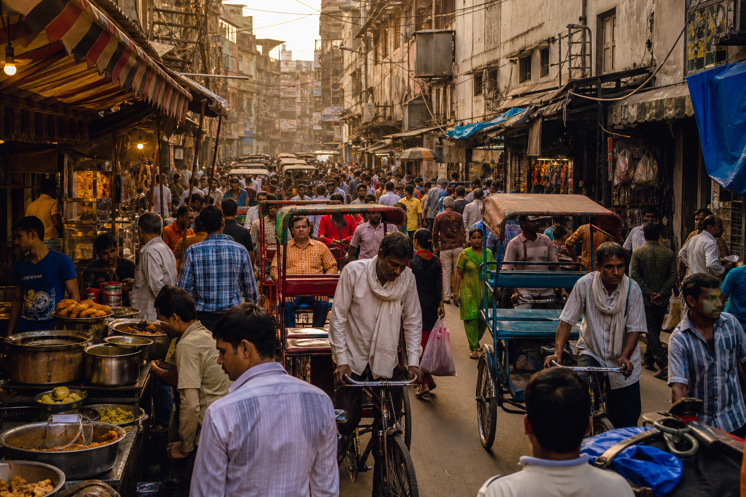 Chandni Chowk in Old Delhi — crowded lanes, colourful storefronts, cycle rickshaws, and street food stalls in warm afternoon light