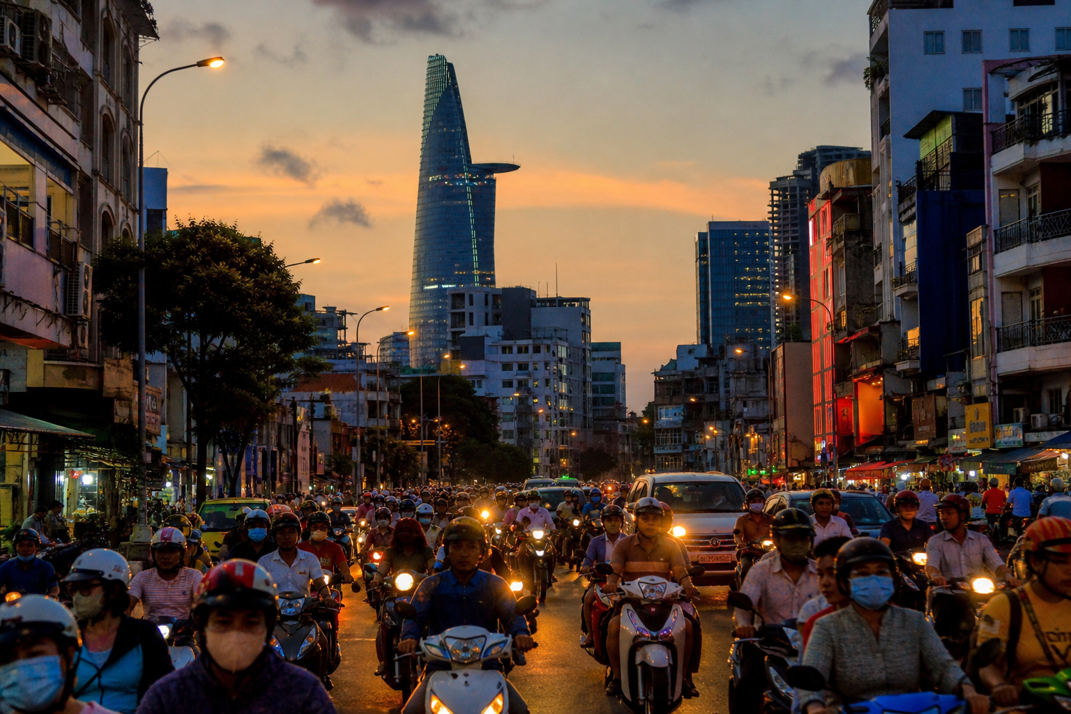 Ho Chi Minh City at dusk — motorbike traffic, glowing shopfronts, and Bitexco Tower in the background