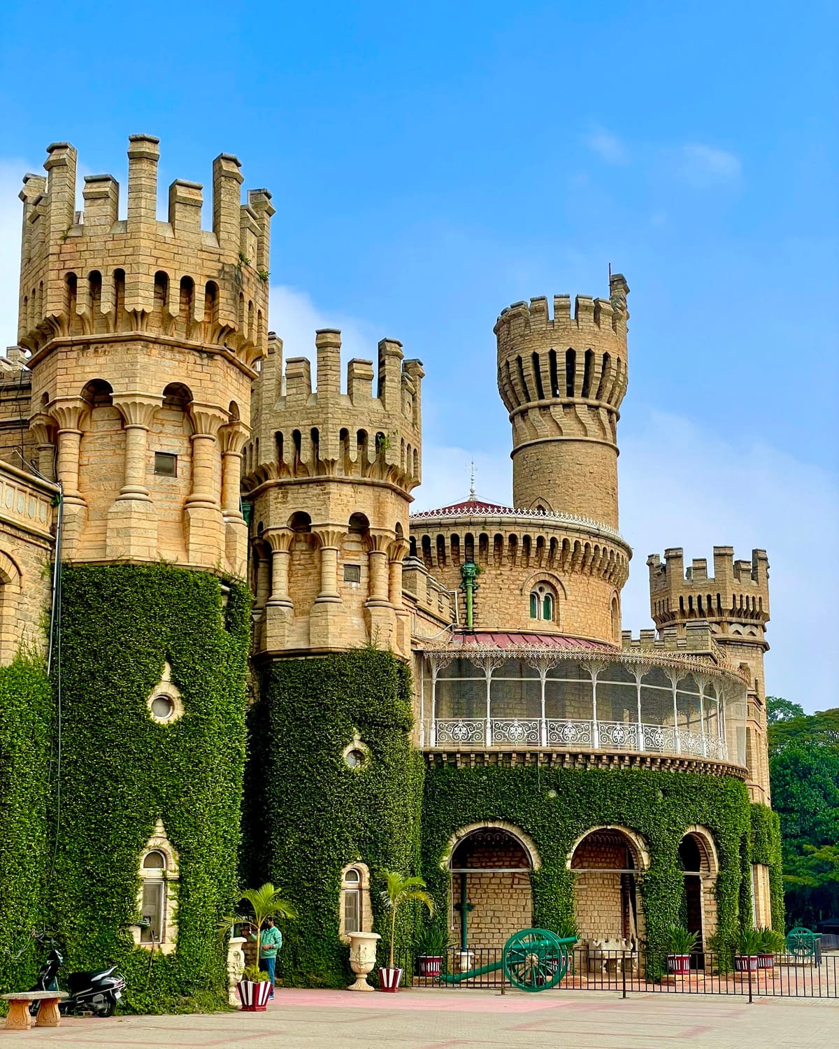 Ivy-covered towers of Bangalore Palace, explored with a Bengaluru audio tour