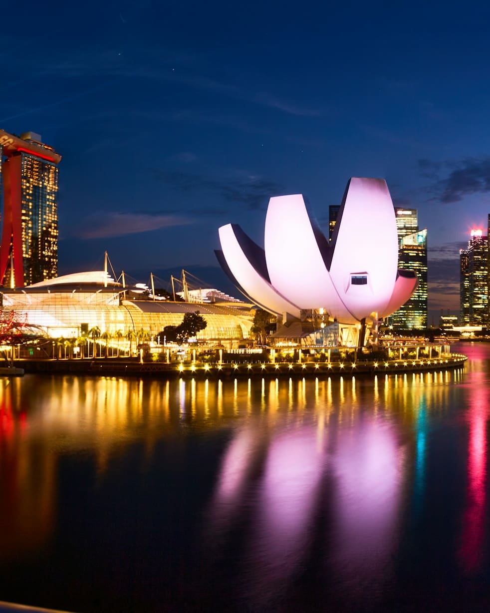 Marina Bay and the ArtScience Museum lit up at night in Singapore