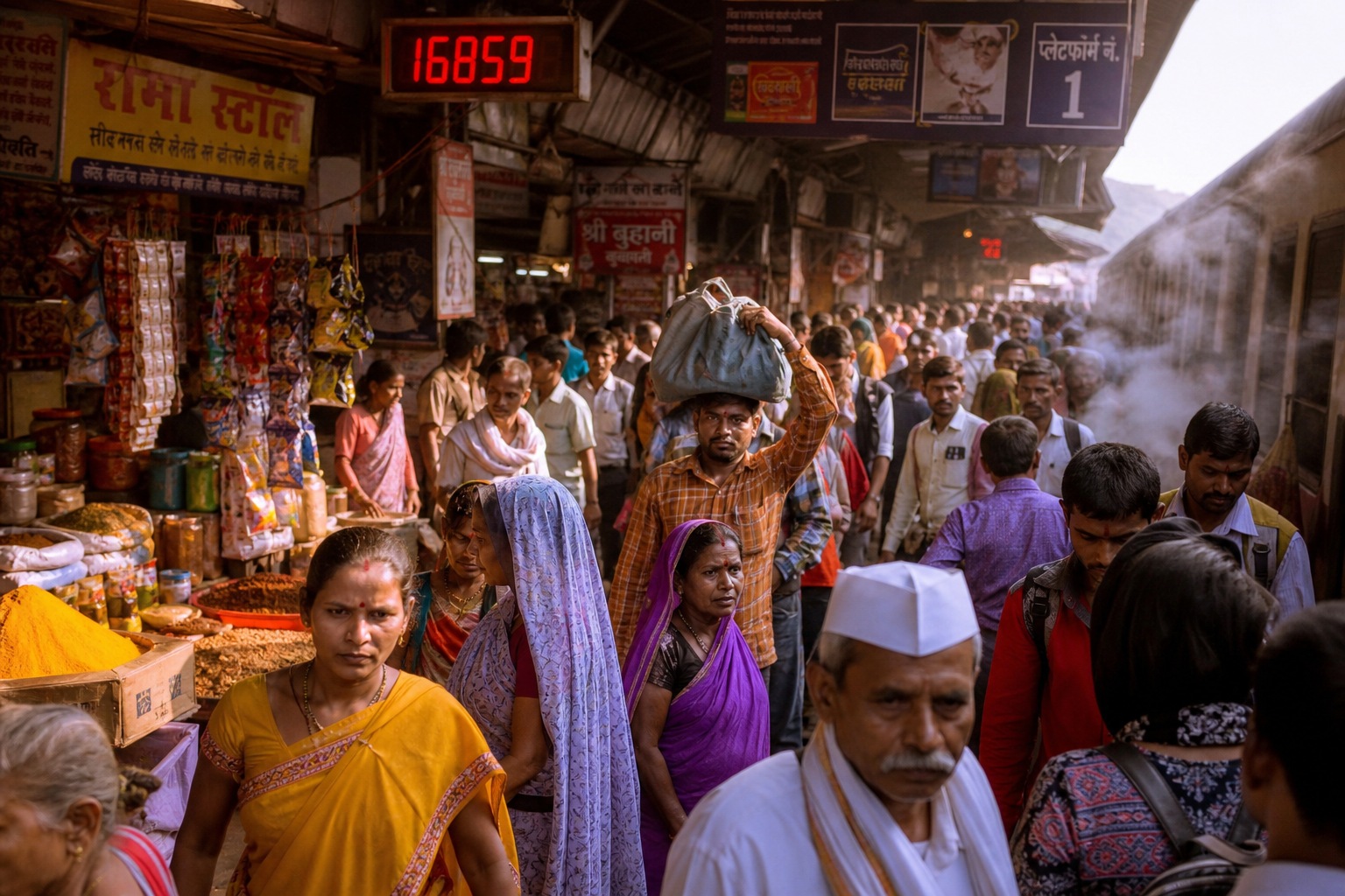 Wide-angle photograph of a crowded and colourful Indian market capturing the energy and sensory richness of arrival in India with vibrant stalls and bustling local life