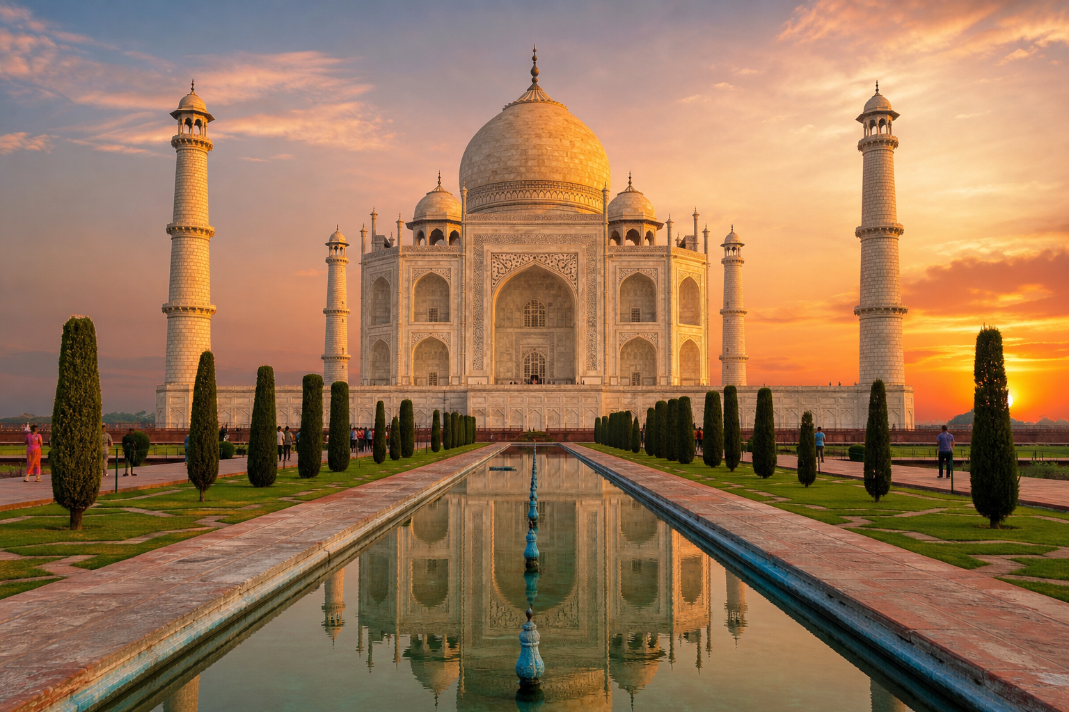 Vibrant golden hour photograph of the Taj Mahal with warm sunset light illuminating the white marble and reflecting pool, anchoring the sense of discovery across India's heritage sites