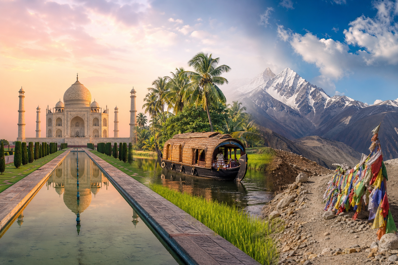 India tourism destinations — Taj Mahal at sunrise, Kerala backwaters, and a Himalayan pass in Ladakh showing the country's diversity