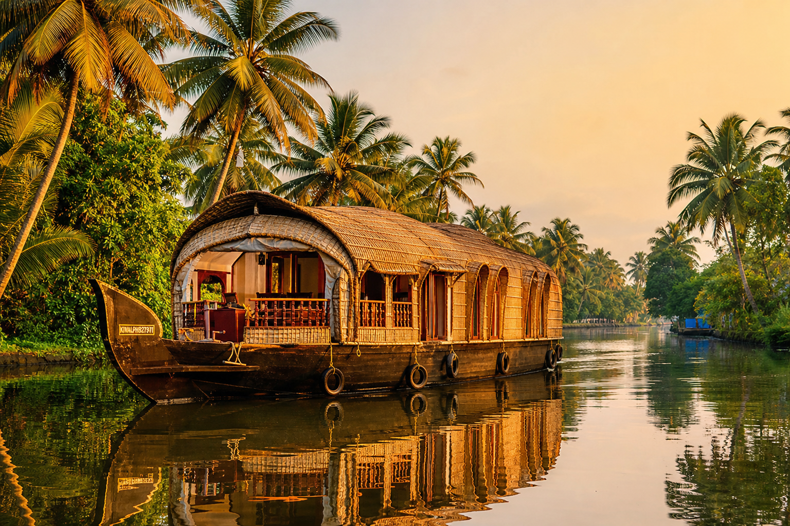 A traditional Kerala houseboat gliding through the Alleppey backwaters at golden hour, surrounded by palm trees and reflective still water