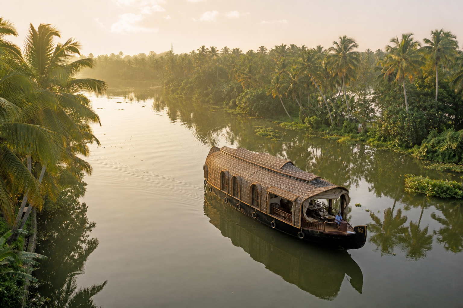 Aerial wide photograph of the Kerala backwaters showing a traditional houseboat surrounded by coconut palms and calm water at soft morning light