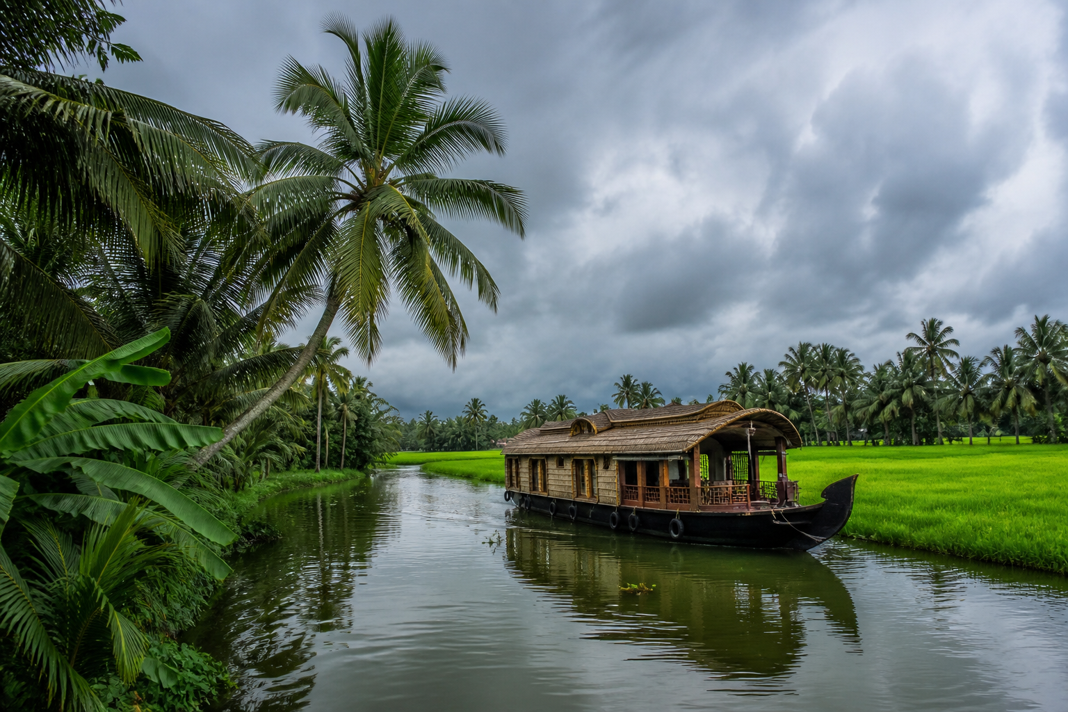 Traditional Kerala houseboat on monsoon backwaters surrounded by lush green paddy fields under dramatic cloudy skies