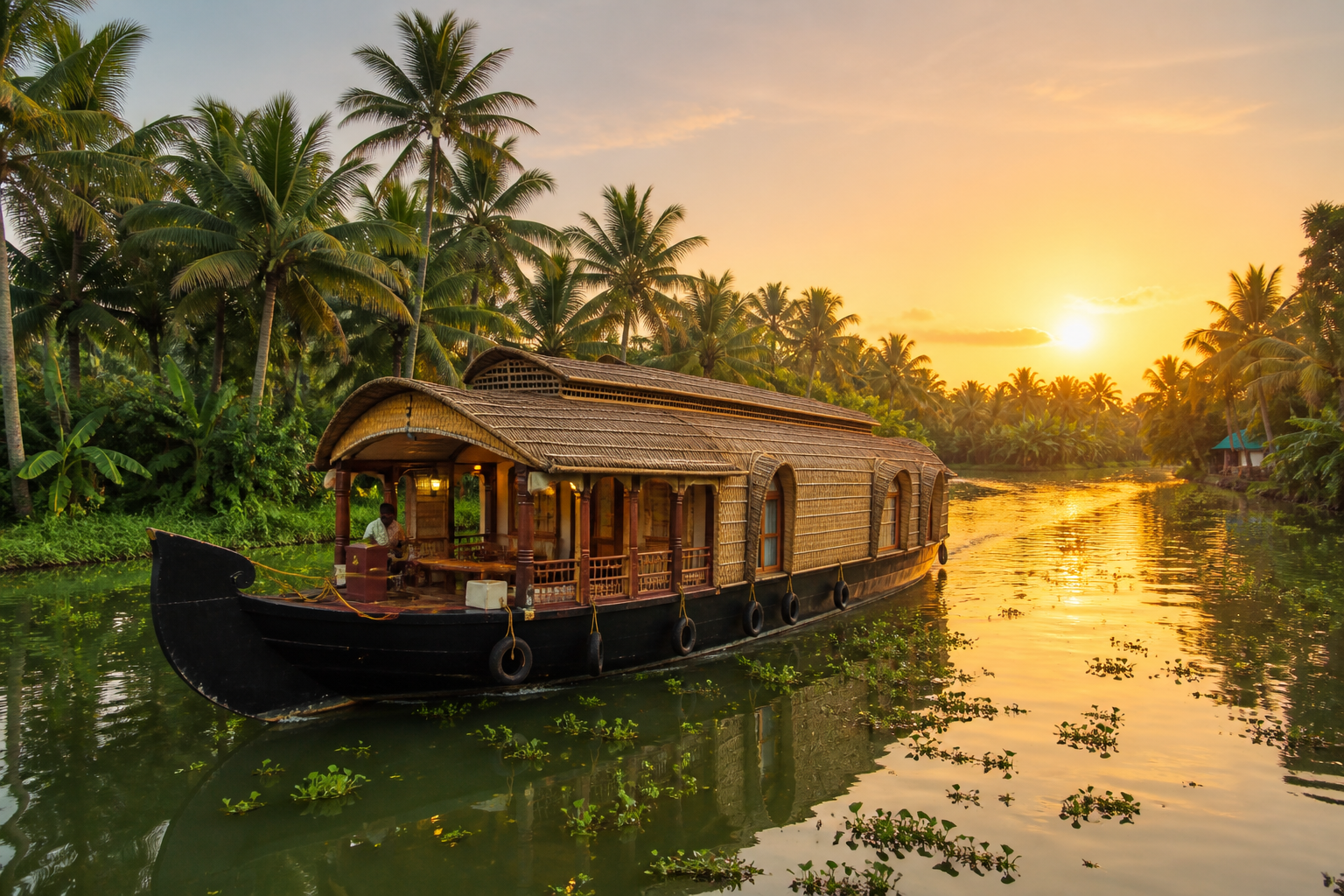 Traditional Kerala houseboat gliding through green backwaters at golden hour — the calm side of South India sightseeing