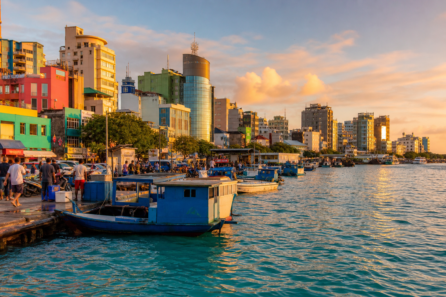 Wide-angle street photo of Malé's colorful waterfront at golden hour showing fishing boats docked at the local harbour with the city skyline in the background