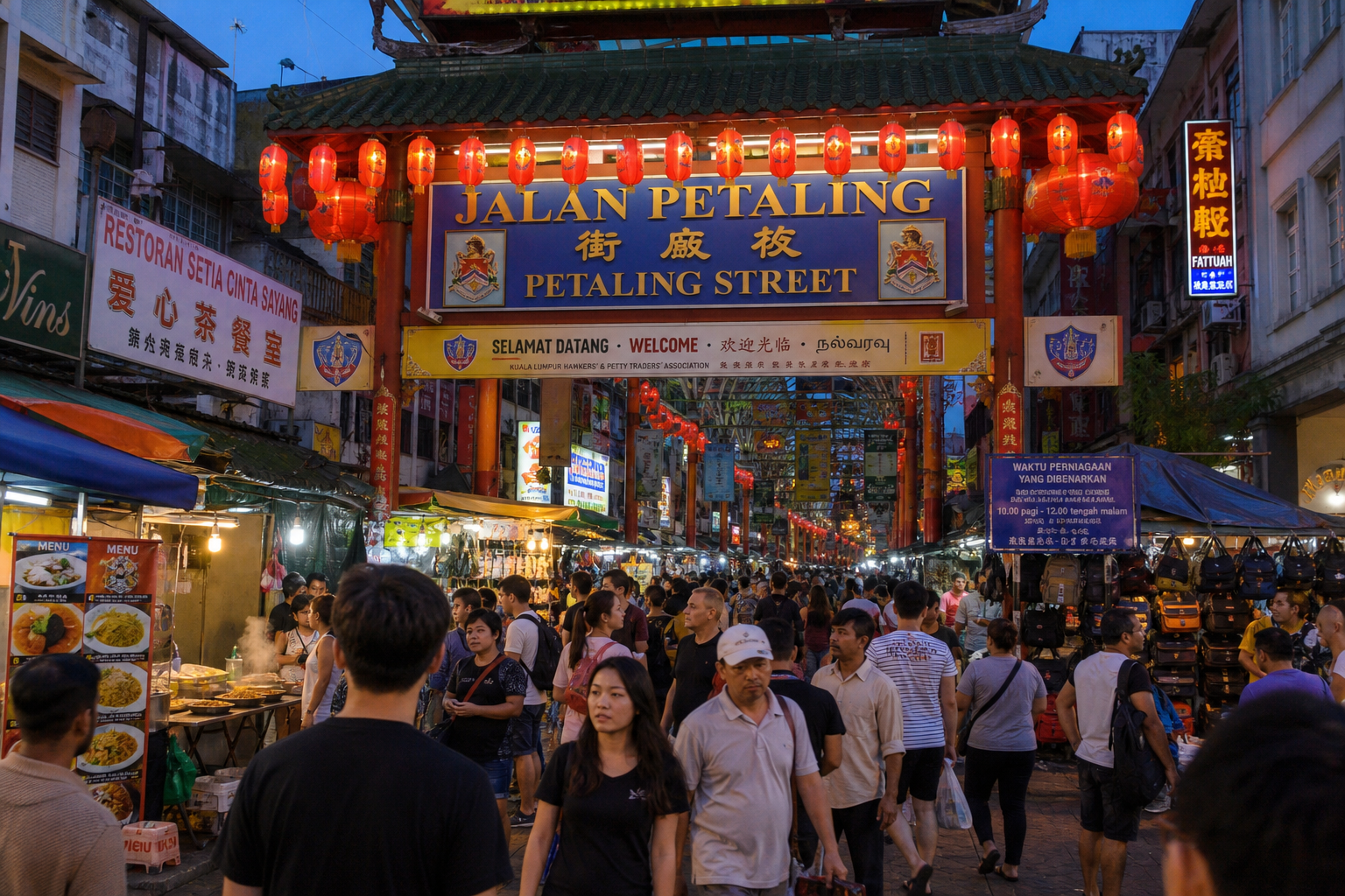 Wide-angle street-level shot of Petaling Street at dusk with lanterns lit overhead, hawker stalls open, and locals and travellers moving through Kuala Lumpur's Chinatown market