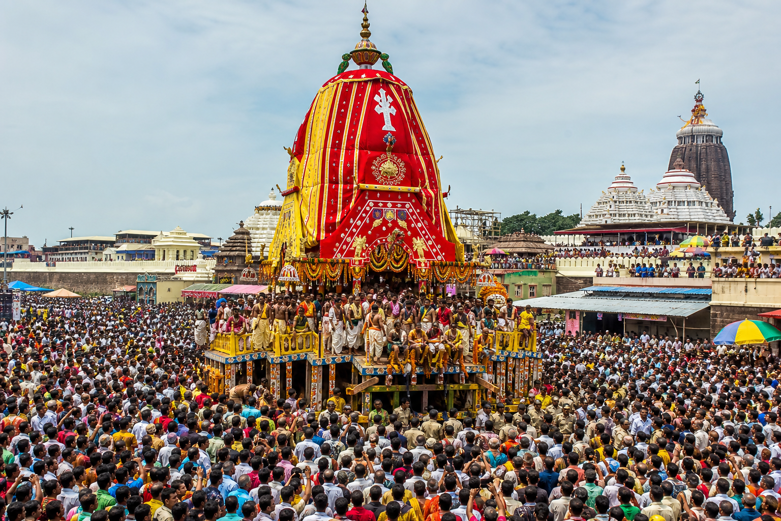 Rath Yatra in Puri with a towering wooden chariot moving through a sea of people, colourful flags and temple spires in the background