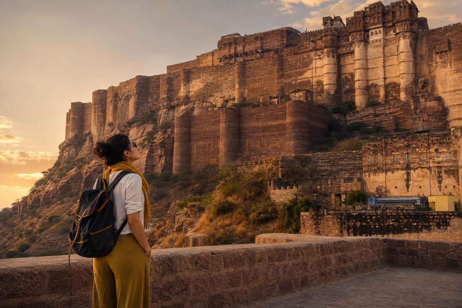 A solo woman traveler standing in front of Mehrangarh Fort in Jodhpur at golden hour with a backpack, looking up at the sandstone architecture