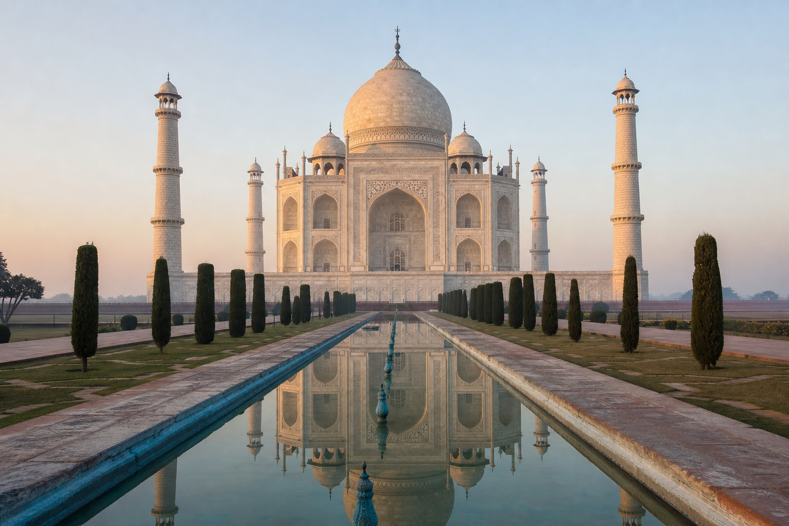 Taj Mahal at winter sunrise with soft golden light, clear sky, and reflection pool in the foreground