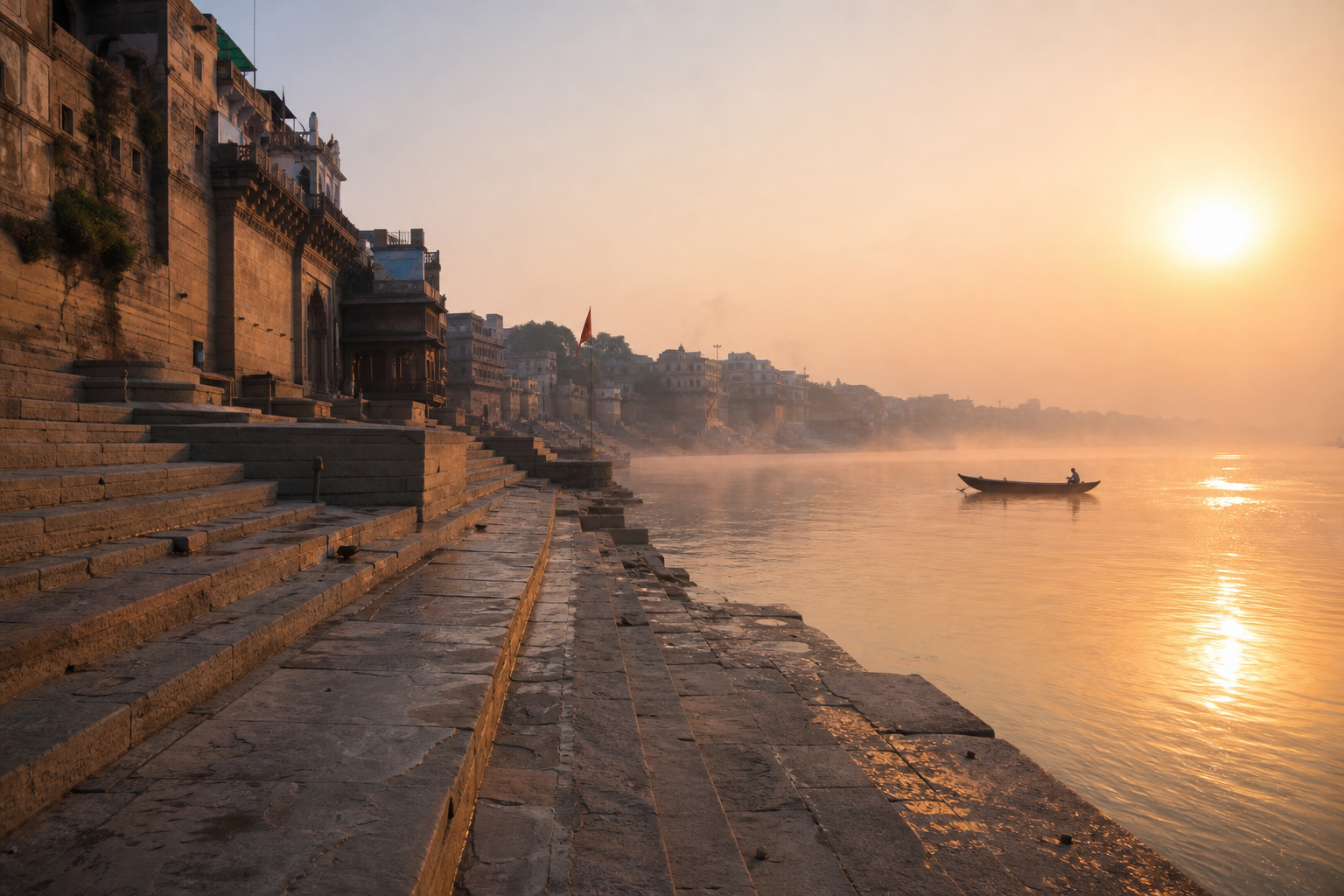 Ganga ghats at dawn in Varanasi with soft golden light, empty stone steps, and a lone boat on the river